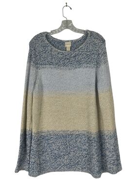 Chico's Sweater Women's L Blue Cream Striped Knit Metallic Long Sleeve Pullover